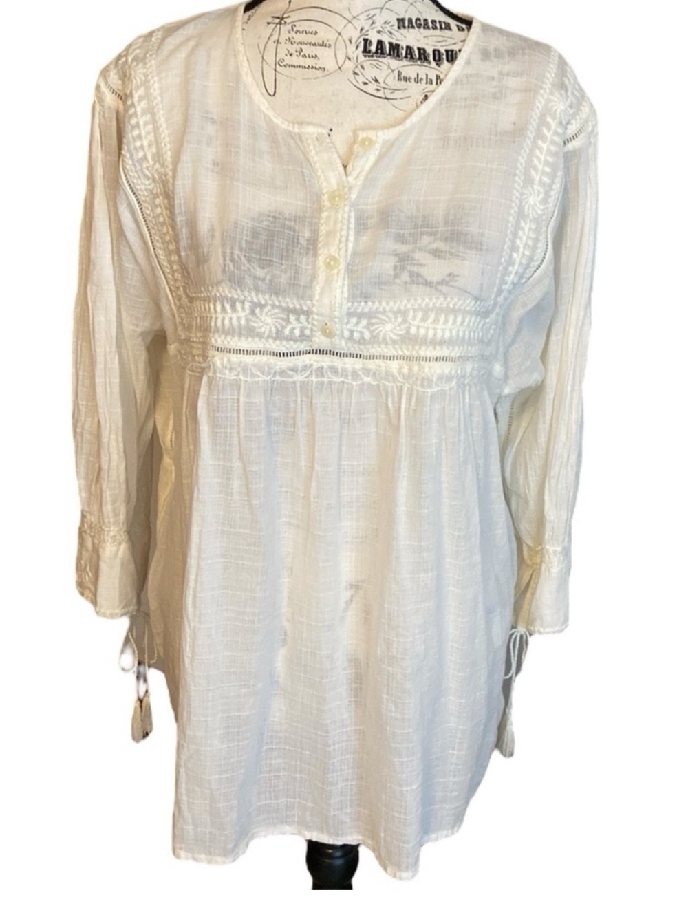 Denim & Supply Gauze Peasant Top Embroidered Eyelet Trim Cream Size L